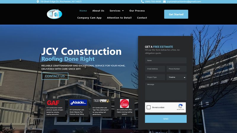 JCY Construction roofing and exteriors website designed by SiteSculpt